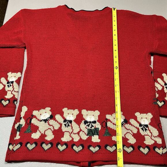 Vtg Nutcracker Ugly Christmas Sweater Cardigan Teddy Bears Hearts Bells Medium - Picture 7 of 8